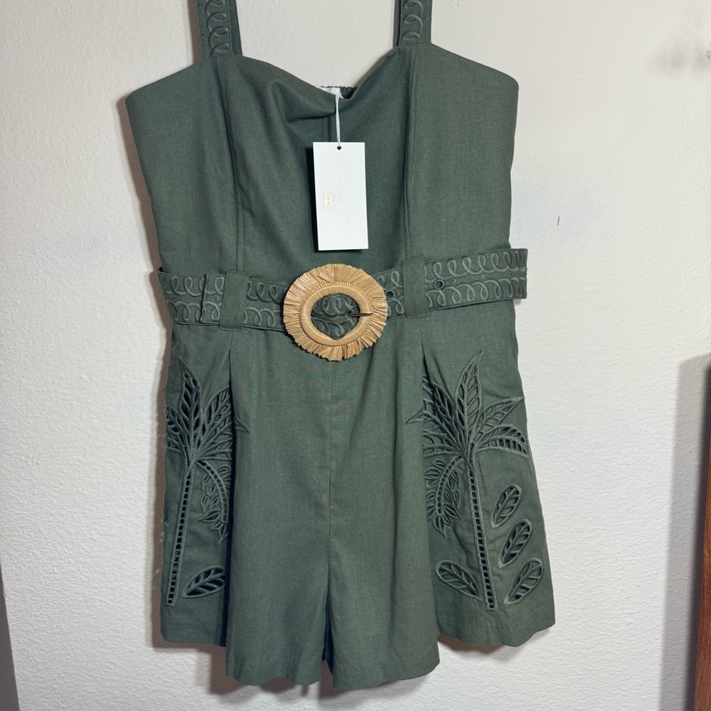 NWT Caroline Constas Green Linen-Blend Romper – Palms Embroidery, Size M